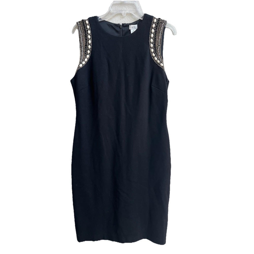 Cache Solid Black Knit Beaded Embellished Trim Sheath Dress Size 12 Cocktail